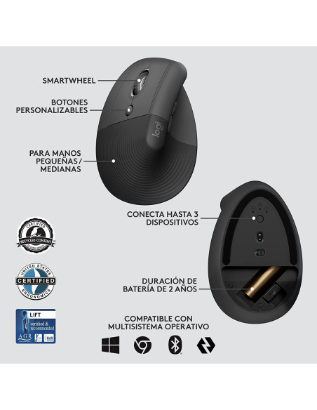 Ratón inalámbrico LOGITECH Lift for Business Grafito para zurdos