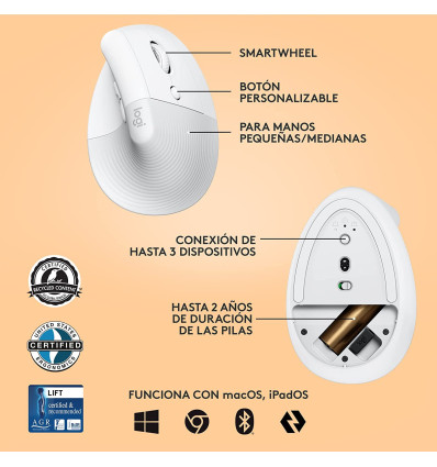 Ratón LOGITECH Lift Ergonomic Vertical Blanco