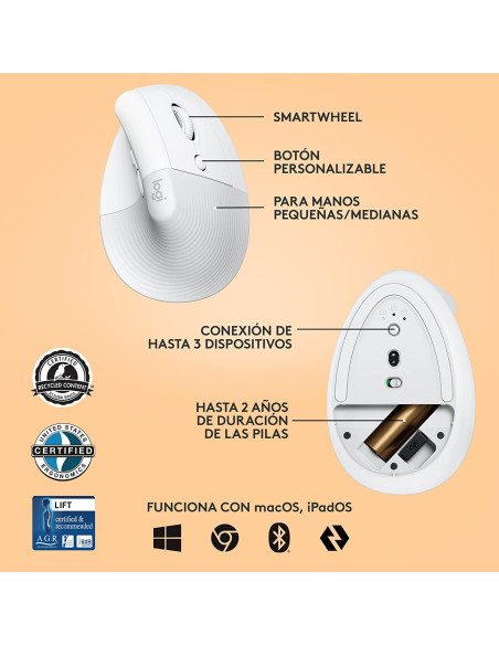 Ratón LOGITECH Lift Ergonomic Vertical Blanco