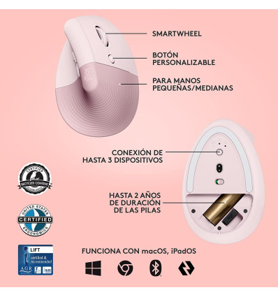Ratón LOGITECH Lift Ergonomic Vertical Rosa