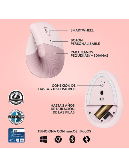 Ratón LOGITECH Lift Ergonomic Vertical Rosa